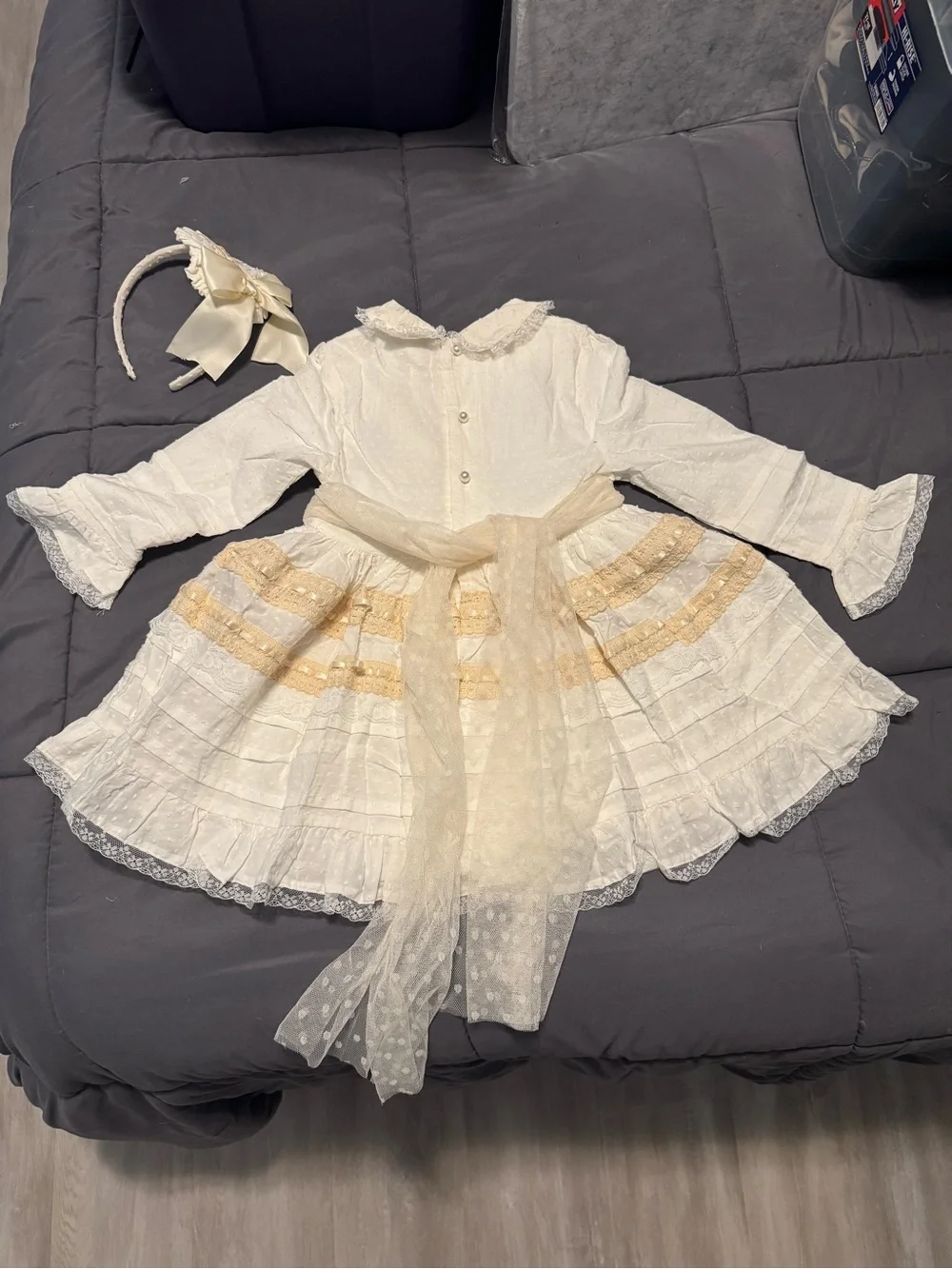NET, Ivory Lace Tiered Girl's Dress with Gold Trim and Pink Flower